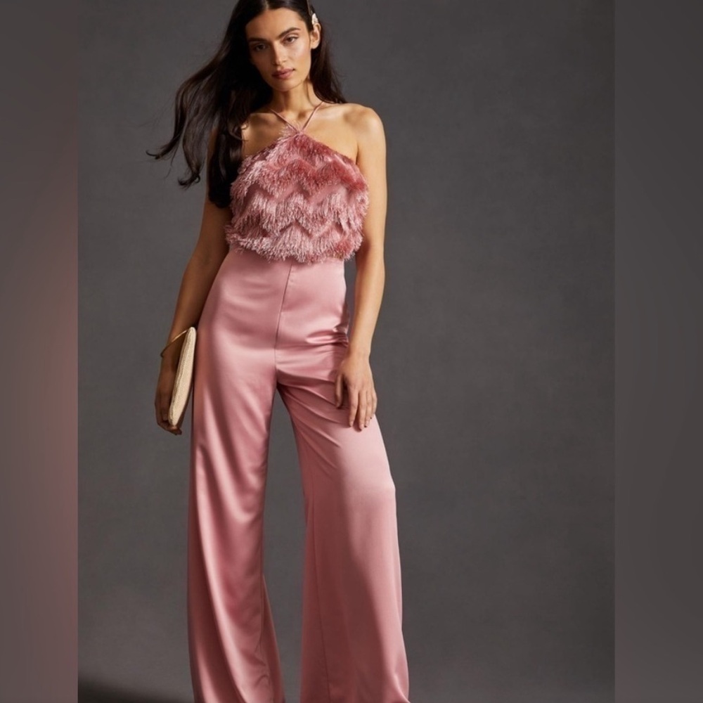 Anthropologie Hutch pink open side feathered jumpsuit, NWT 8 romper wide leg